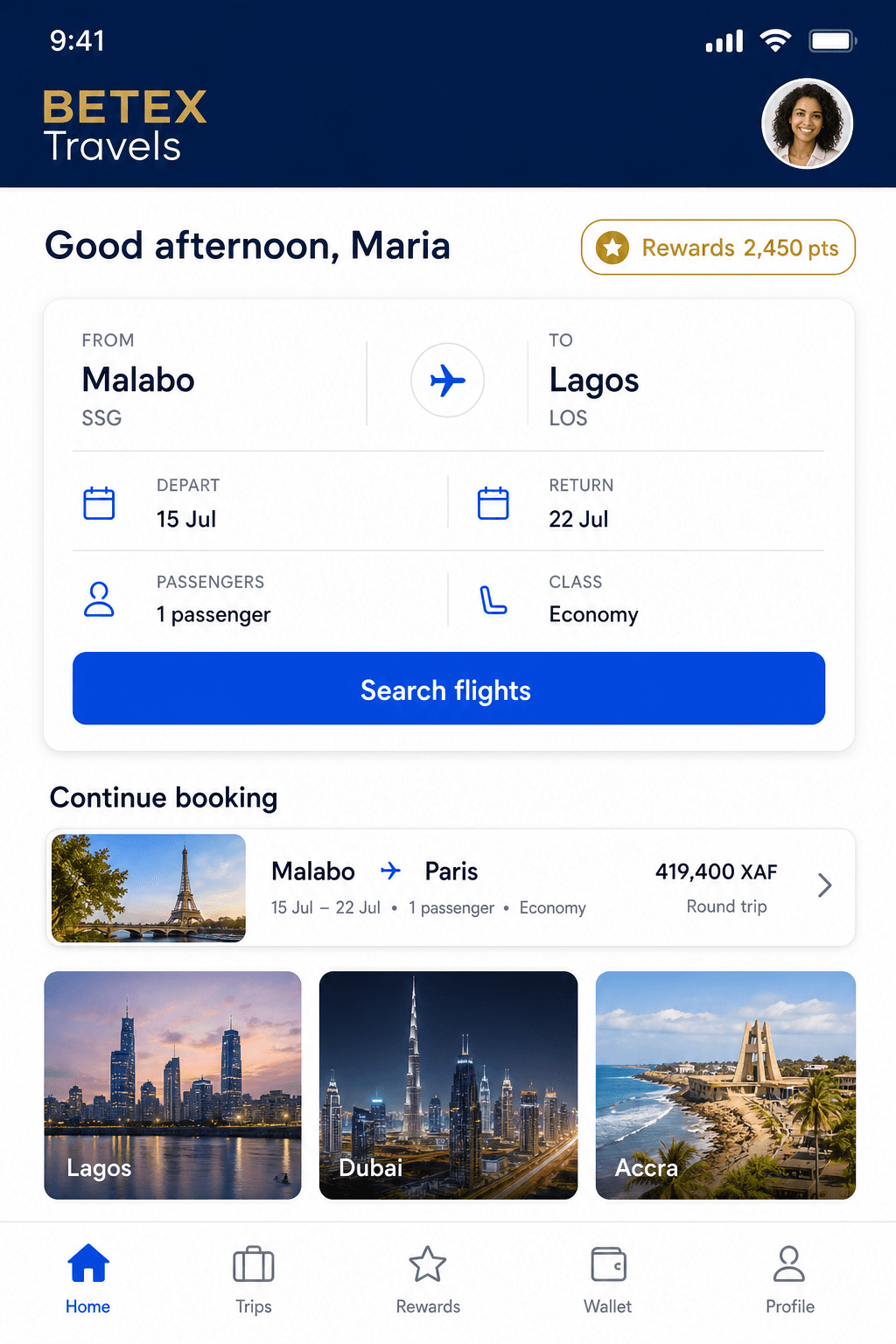 Betex Travels app home screen showing Malabo to Lagos flight search