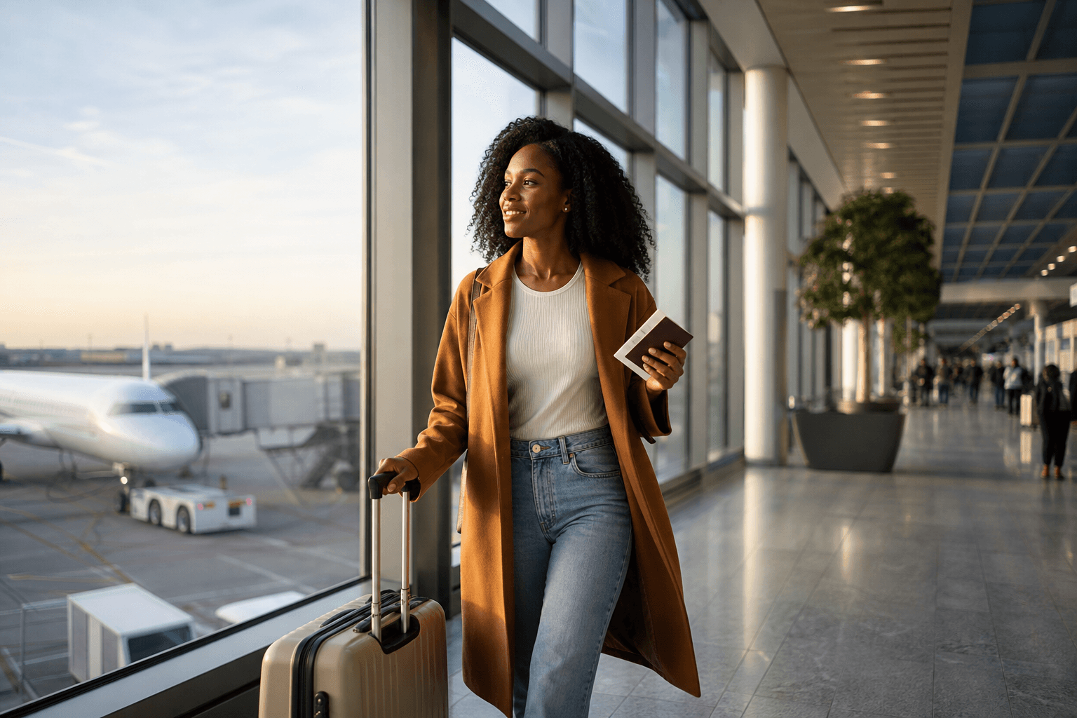 Traveler walking through a sunlit airport terminal