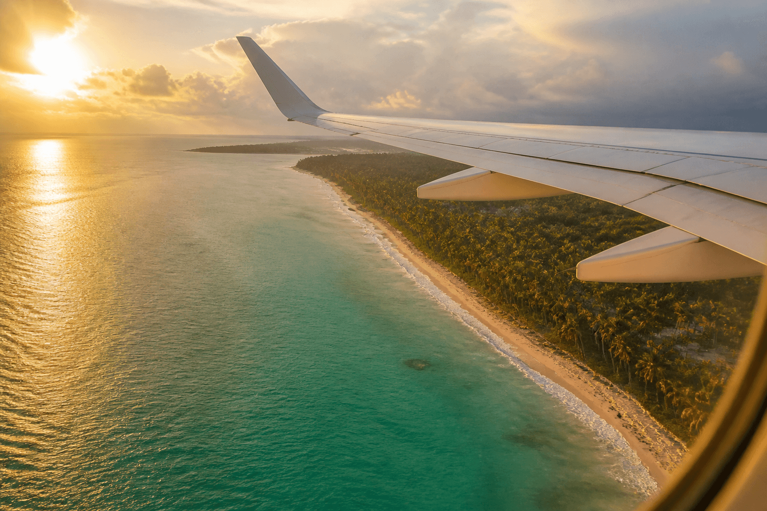 Commercial flight over a West African coastline at sunset