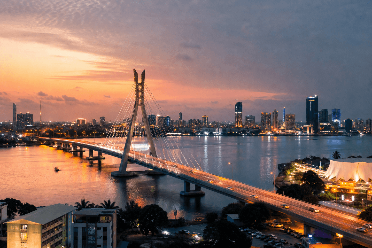 Lagos waterfront skyline at dusk